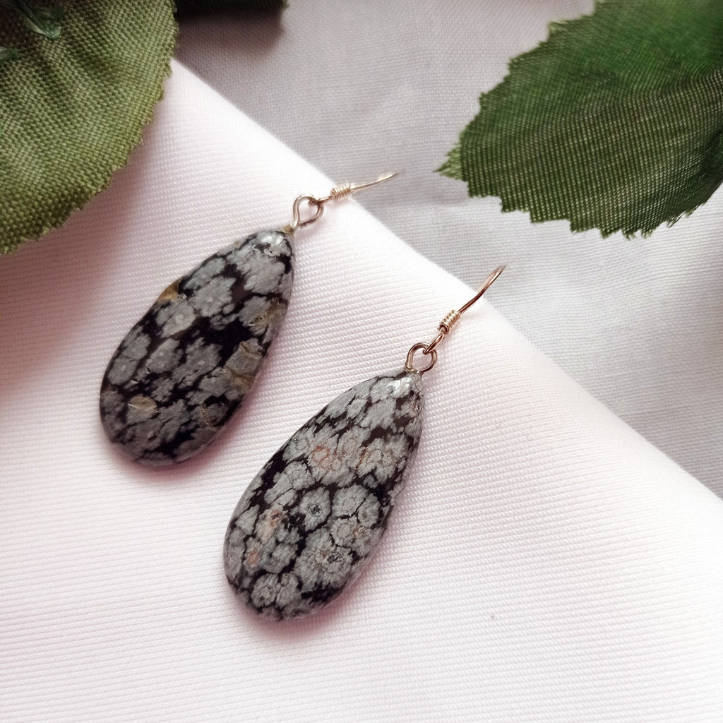 Snowflake Obsidian Earrings, Teardrop Sterling Silver Earrings, Gemstone Earrings | by nlanlaVictory
