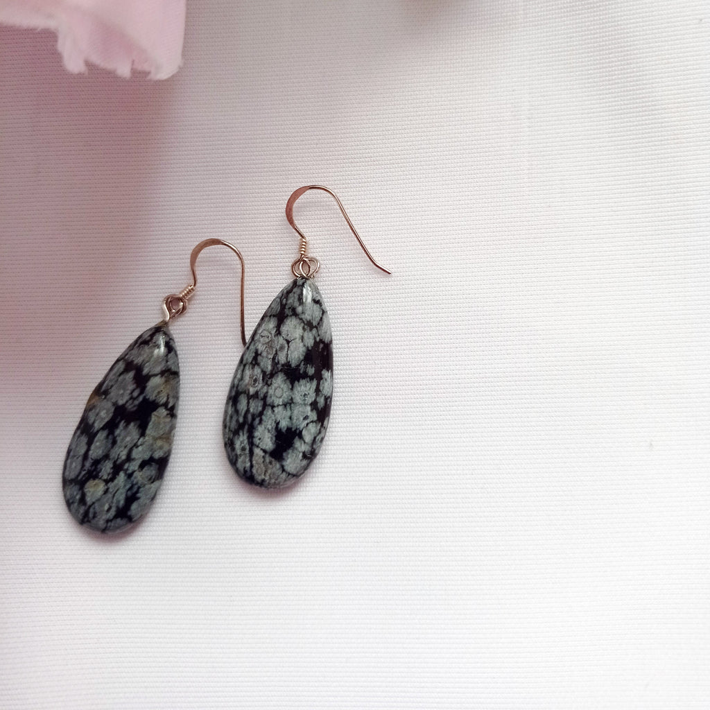 Snowflake Obsidian Earrings, Teardrop Sterling Silver Earrings, Gemstone Earrings | by nlanlaVictory